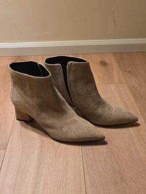 Pointed Toe Suede Ankle Booties in Taupe